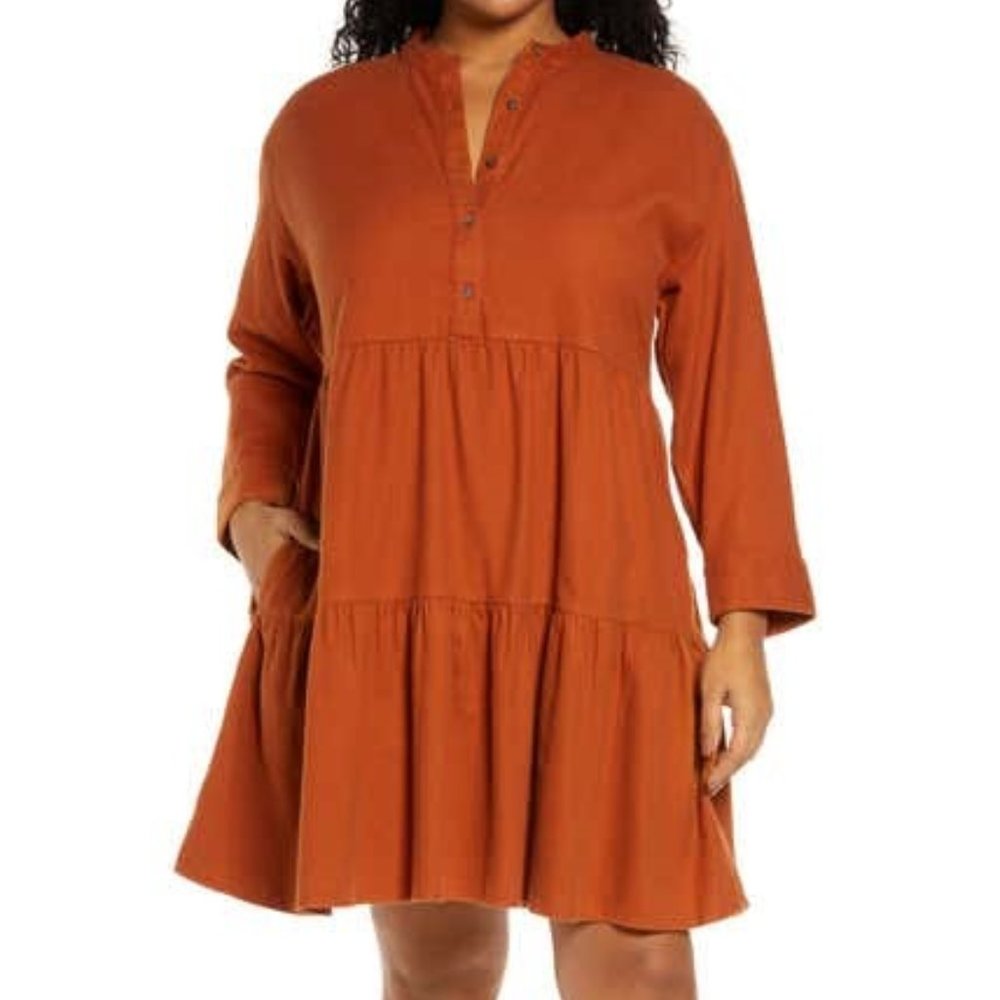 Flannel Button-Placket Tiered Mini Dress